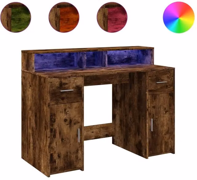 Berkfield Gaming Home Office Desk with LED Lights in Smoked Oak Brown, W/D/H: 120 x 55 x 91 cm