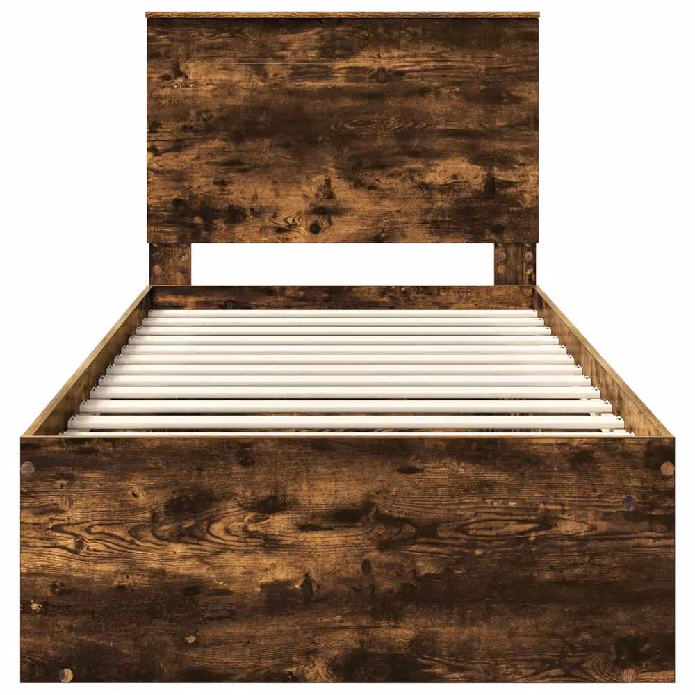 Berkfield Home Modern Bed Frame with Drawer in Smoked Oak and Brown Solid Pine Wood, W/D/H: 100 x 200 cm – 4