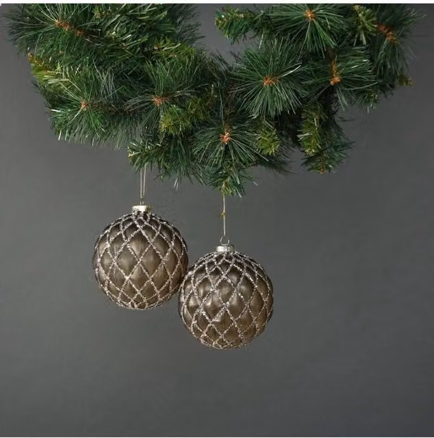 KDMD Asteria Set of 4 Antique Grey and Gold Geometric Glass Christmas Baubles, 10 cm