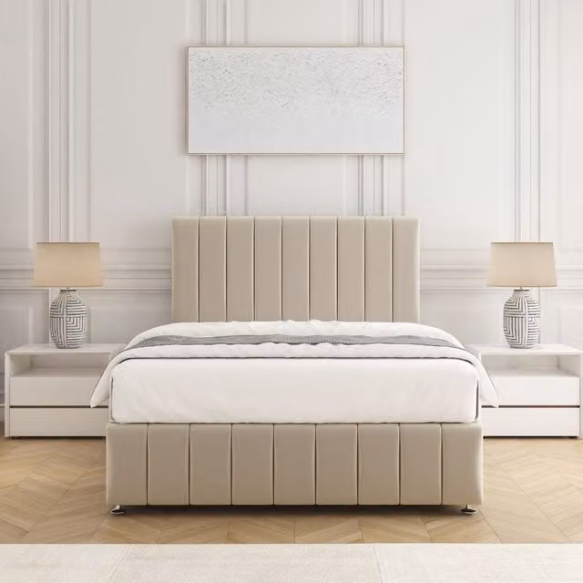 BSSPOKE Sierra Plush Velvet Divan Bed Set with 24 inch Headboard and Mattress in Beige, Small Double, W/D/H: 120 x 200 cm