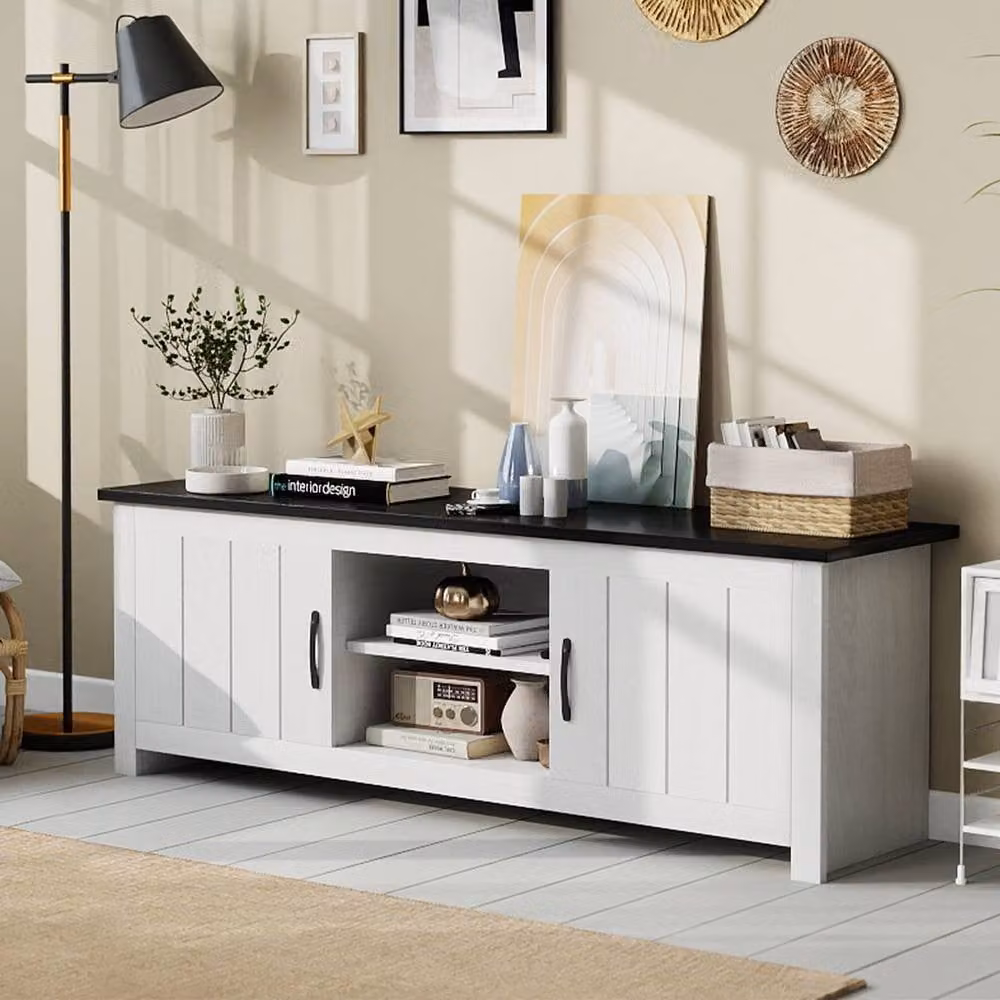 Costway Modern White TV Stand for TVs up to 65 inch with 2 Cabinets and Media Compartments – 3