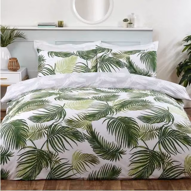 Smart Living Reversible Polycotton Floral Palm Print Duvet Cover and Pillowcase Set, Green, W: 140 cm, H: 200 cm