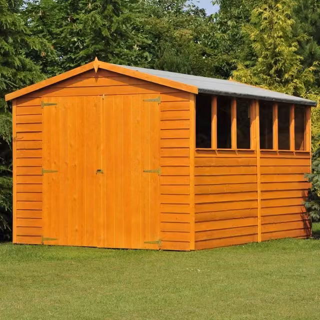 Shires Brown Dip Treated Apex Overlap Wooden Shed with Double Doors and Windows, W: 365.76 cm, D: 239.0 cm, H: 194.2 cm – 1