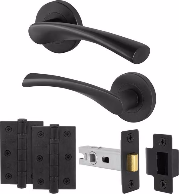 AFIT Matt Black Internal Door Handles with Latch and Hinges, 1 Pair, Rose Size: 15 x 15 cm