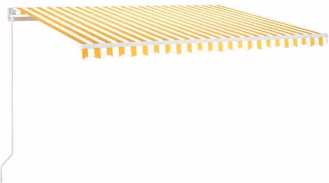 Berkfield Home Manual Retractable Folding Arm Awning in Yellow and White Striped Polyester with Aluminium Frame, W: 450 cm, D: 300 cm – 1