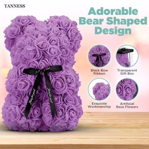 Tanness Purple Artificial Rose Bear with Transparent Gift Box and Black Ribbon, 25 cm – 5