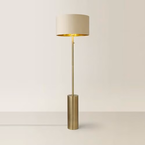 ValueLights Antique Brass Single Stem Floor Lamp with Dimmable Rotary Switch and Beige Fabric Cylinder Shade, Includes Warm White LED Bulb