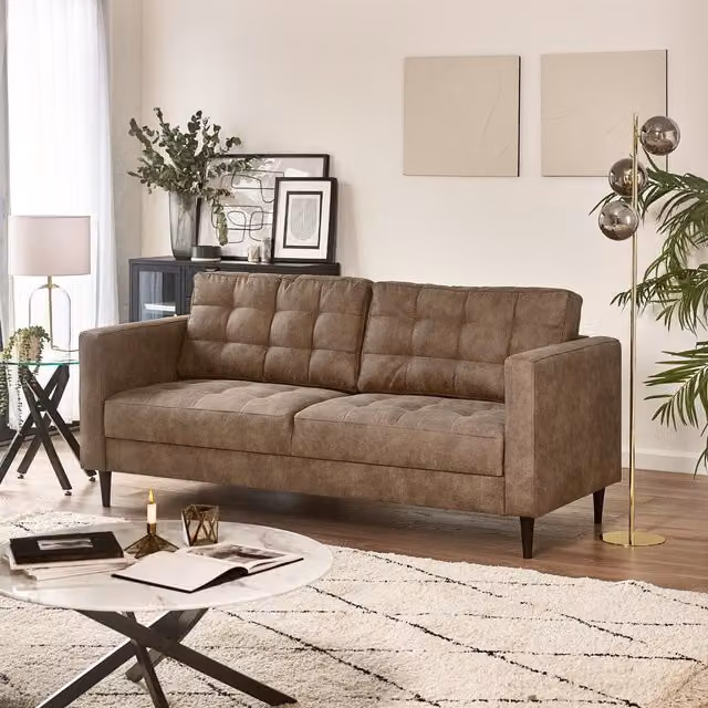 FurnitureboxUK Juno 3-Seater Brown Faux Leather Sofa with Solid Wood Frame