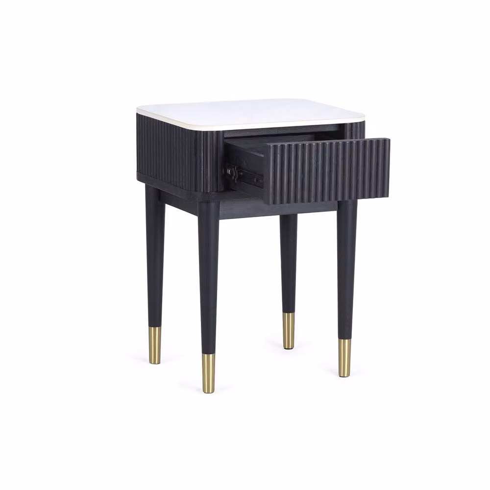 Cheshire Fluted Stone Top Lamp Table with Drawer in White Marble and Black – 2