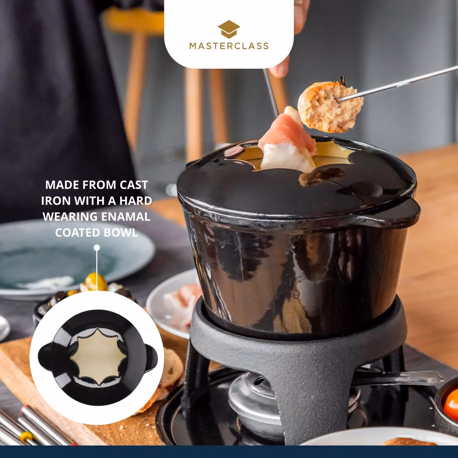 MasterClass Cast Iron Enamelled Black Fondue Set – 8