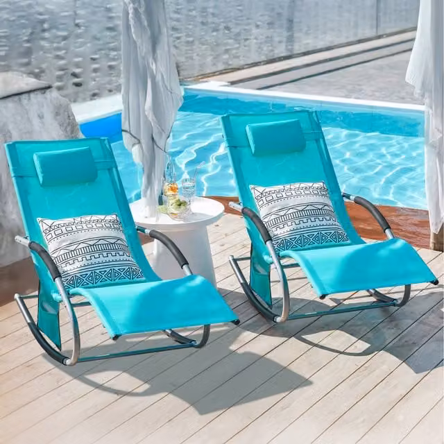 SoBuy Set of 2 Turquoise Outdoor Garden Rocking Recliner Sun Loungers with Adjustable Headrests and Armrests