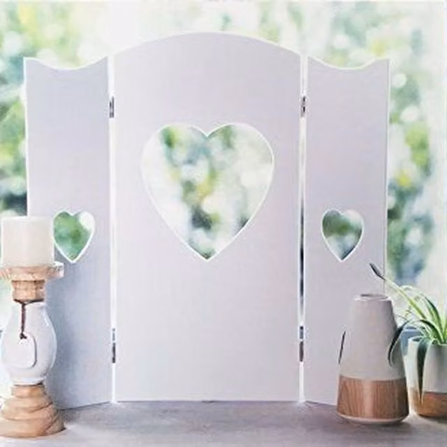 Little Cosy Home Shabby Chic White and Turquoise Wooden Tabletop Folding Screen with Heart Detail