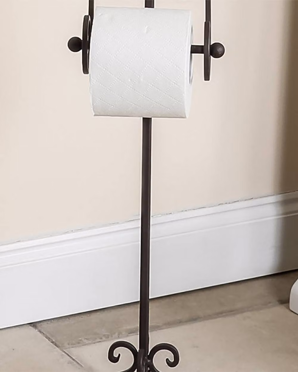 Dibor Vintage Style Ornate Scrolled Cast Iron Freestanding Toilet Roll Holder in Antique Brown – 2