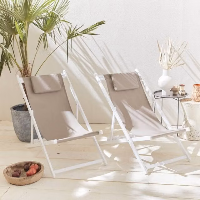 sweeek Set of 2 Multi-position Sun Loungers in Powder Coated Aluminium and Beige Textilene – 1