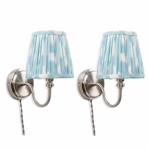 ValueLights Pair of Antique Brushed Chrome Plug-in Wall Lights with Blue Pleated Fabric Tapered Lampshades