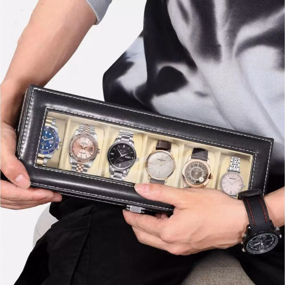 FLAVORA 6 Slot Leather Watch Display Storage Box with Lid and Glass, Black, W/D/H: 50.0 x 11.0 x 50.0 cm – 4