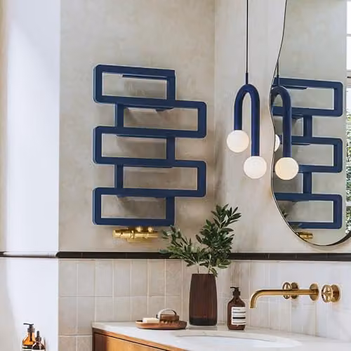 Terma Bookie 655/500 Heated Towel Rail with Integrated Valve, Blue, H: 65.5 cm, W: 50.0 cm, D: 13.2 cm – 1