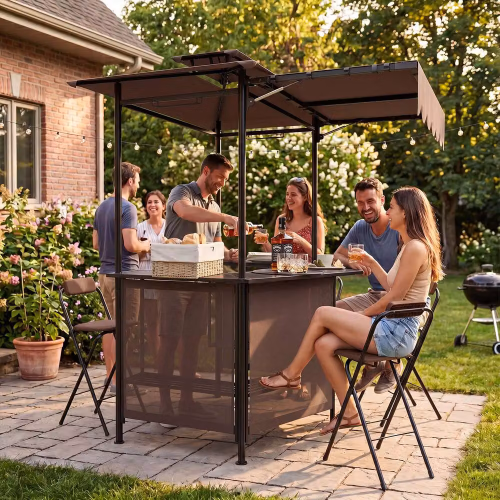 Gymax Outdoor Bar Set with Grill Gazebo, Bar Table and 2 Folding Bar Stools in Brown – 3