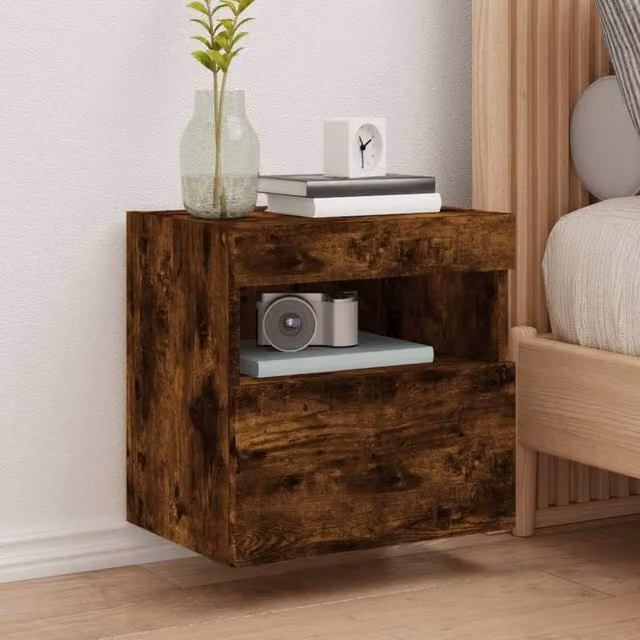 Berkfield Home Set of 2 Modern TV Wall Cabinets with LED Lights in Smoked Oak Brown, W/D/H: 40 x 30 x 40 cm