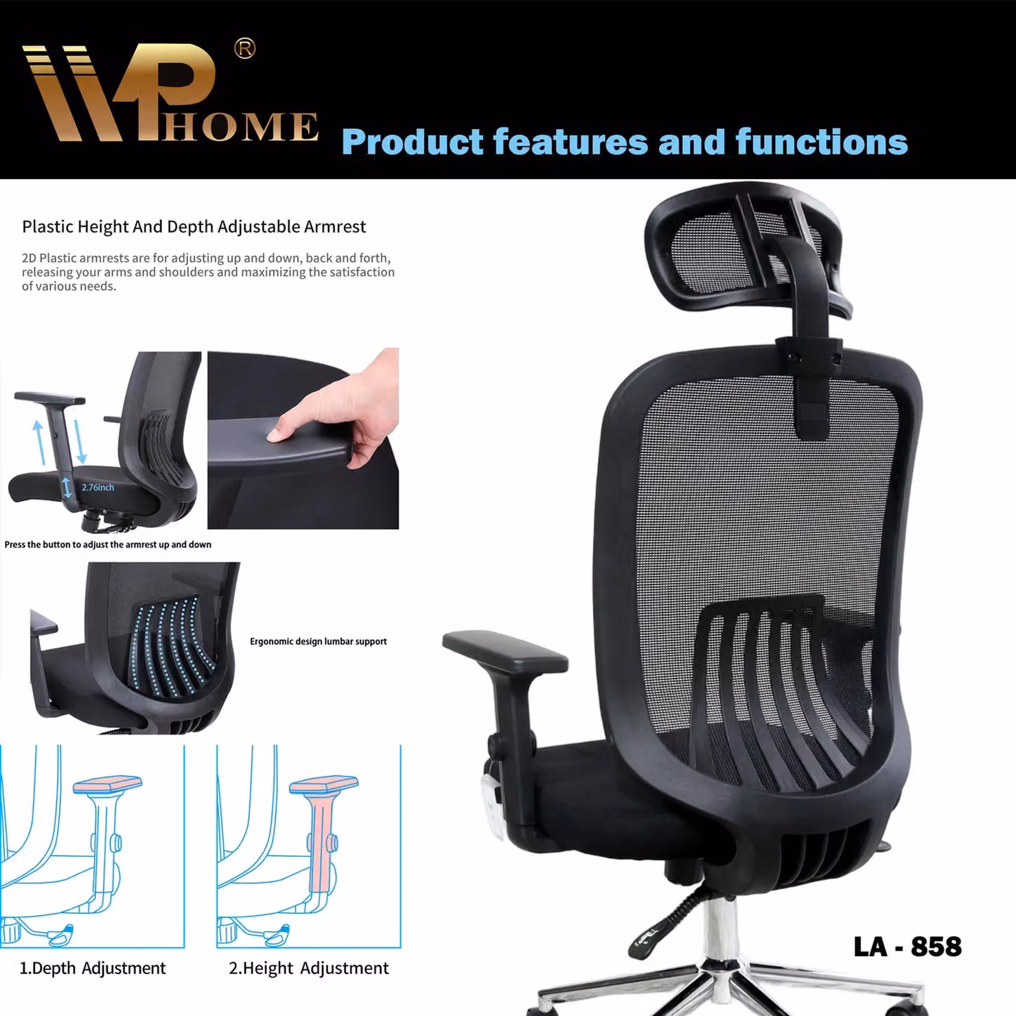 JFY Executive Reclining Office Chair in Black with Breathable Mesh, Headrest and 360 Degree Swivel – 5
