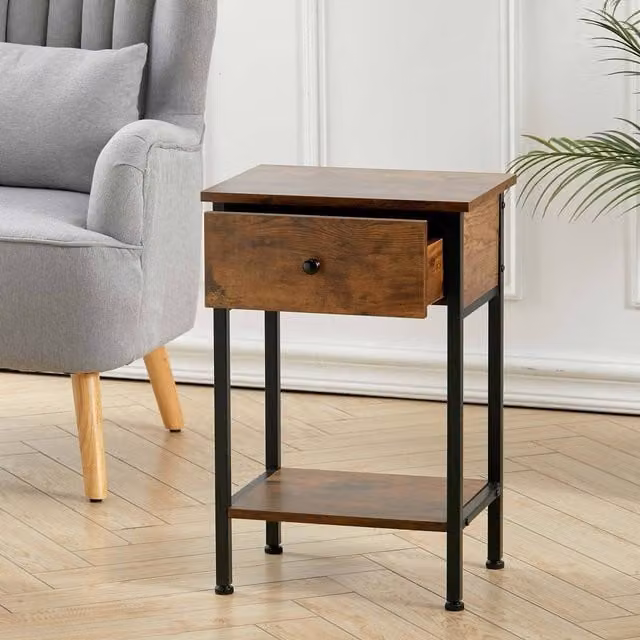 Livingandhome Brown Wood Grain Particleboard Side Table with Shelf, W: 40 cm, D: 40 cm, H: 40 cm
