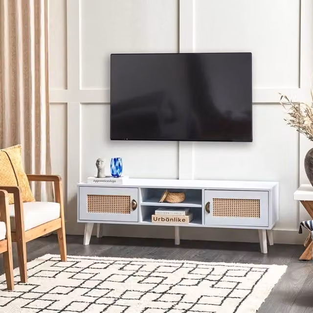 Wyld and Coco Vintage TV Stand in White and Beige with Faux Rattan MDF Fronts