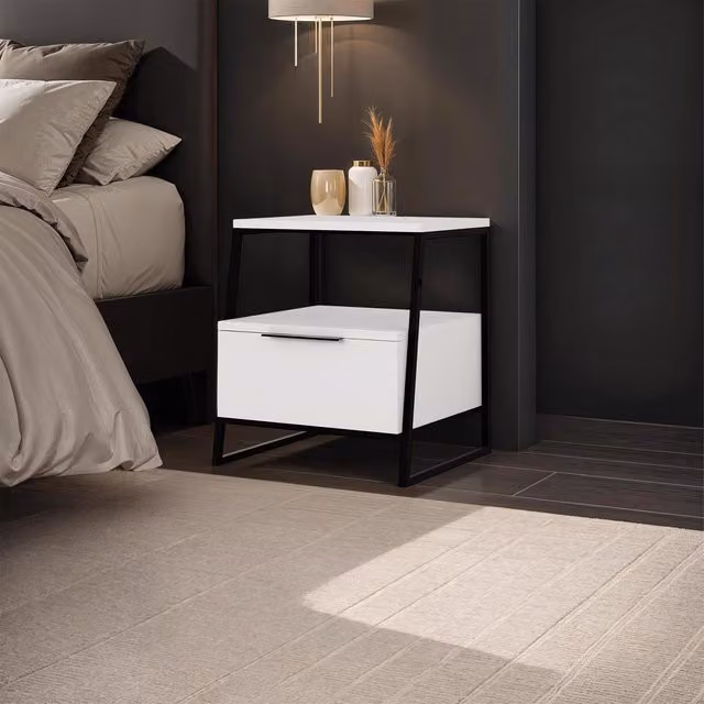 FWStyle Modern 1 Drawer Bedside Table with Black Metal Frame and Matt White Finish