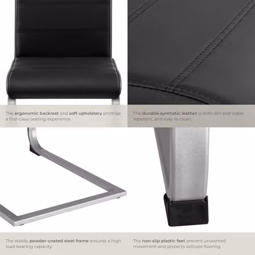 tectake Bettina Set of 8 Modern Dining Chairs with Synthetic Leather Covers and Metal Cantilever Base, Black – 6