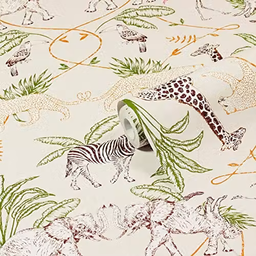 Riva Home Serengeti Animal Printed Washable Wallpaper in Sand and Multicolour – 1