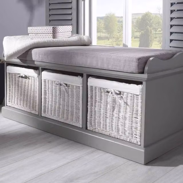 Statement Furniture Tetbury Grey Storage Bench with 3 White Wicker Baskets and Grey Fabric Cushion – 1