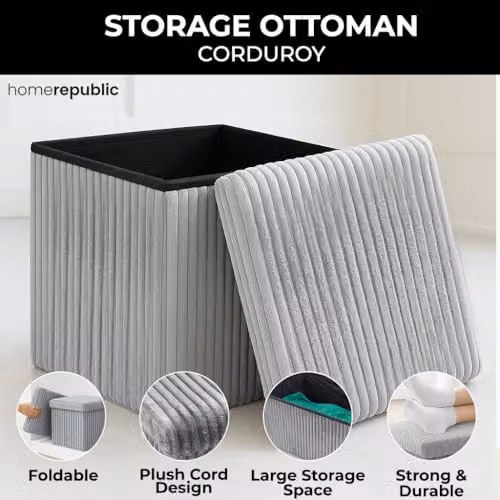 Home Republic Grey Corduroy Foldable Storage Ottoman, W/D/H: 38 x 38 x 38 cm – 4