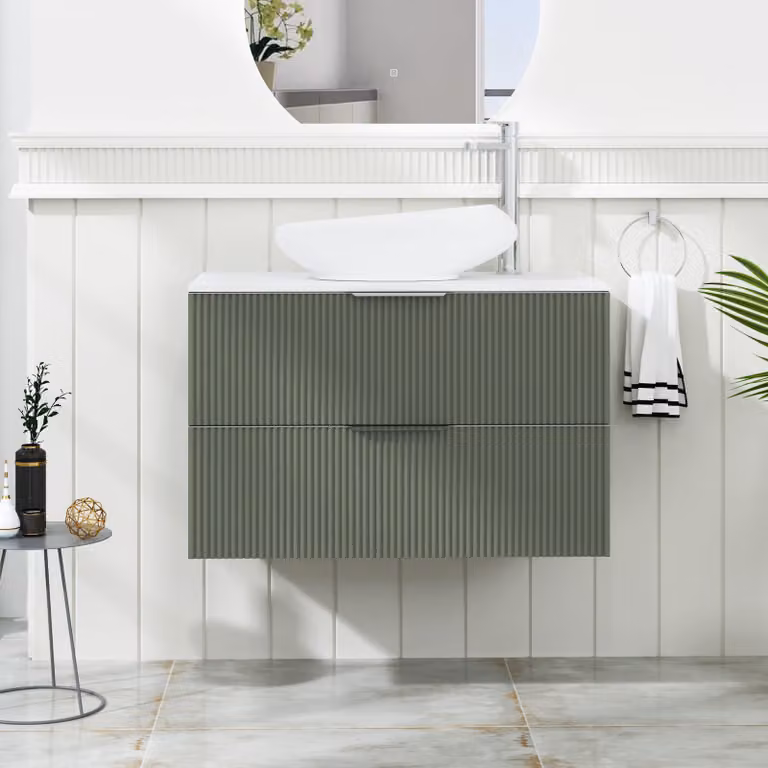 Royal Bathrooms Evora 800mm Sage Green Fluted Wall Hung 2 Drawer Vanity Unit with Nova Basin