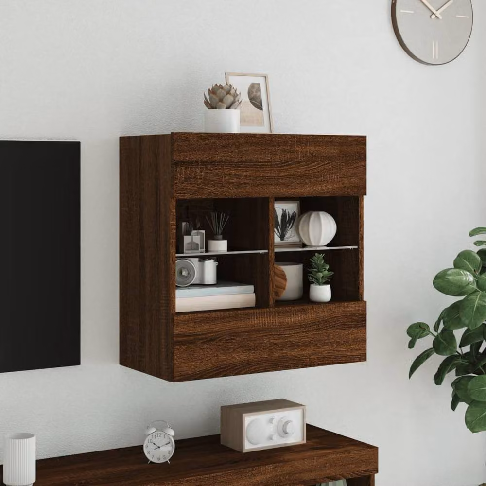 Berkfield Home Modern Wall Mounted TV Cabinet with Integrated LED Lights and Internal Shelves in Brown Oak, W: 58.5 cm, D: 30 cm, H: 60.5 cm – 5