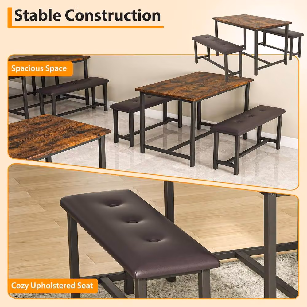 London Boutique 3-Piece Dining Set with Rectangular Table and 2 Upholstered Benches in Brown, W/D/H: 136 x 70 x 75 cm – 6
