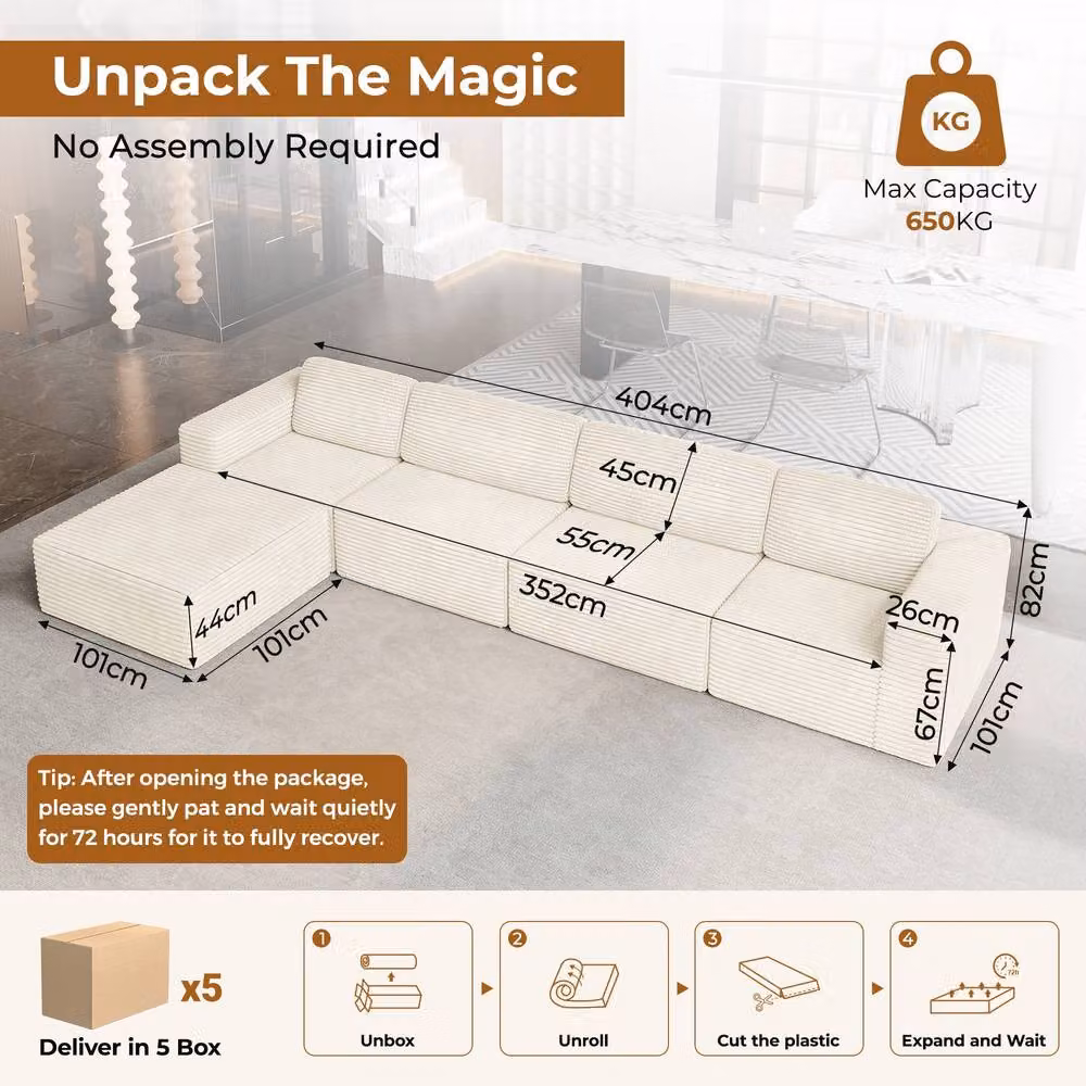 Dprodo Corduroy Modular L-Shape Sofa in Beige with Matching Ottoman and Removable Covers – 2