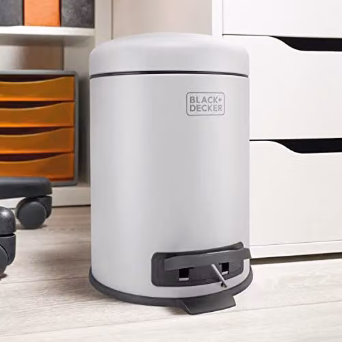 BLACK+DECKER 5L Grey Stainless Steel Dome Shaped Pedal Bin with Soft Close Lid and Removable Inner Bucket