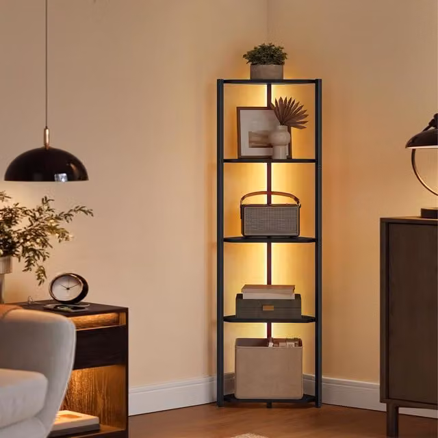 The Bazaarist Modern Corner Bookshelf with 5 Adjustable Tiers and Integrated LED Lighting in Ebony Black