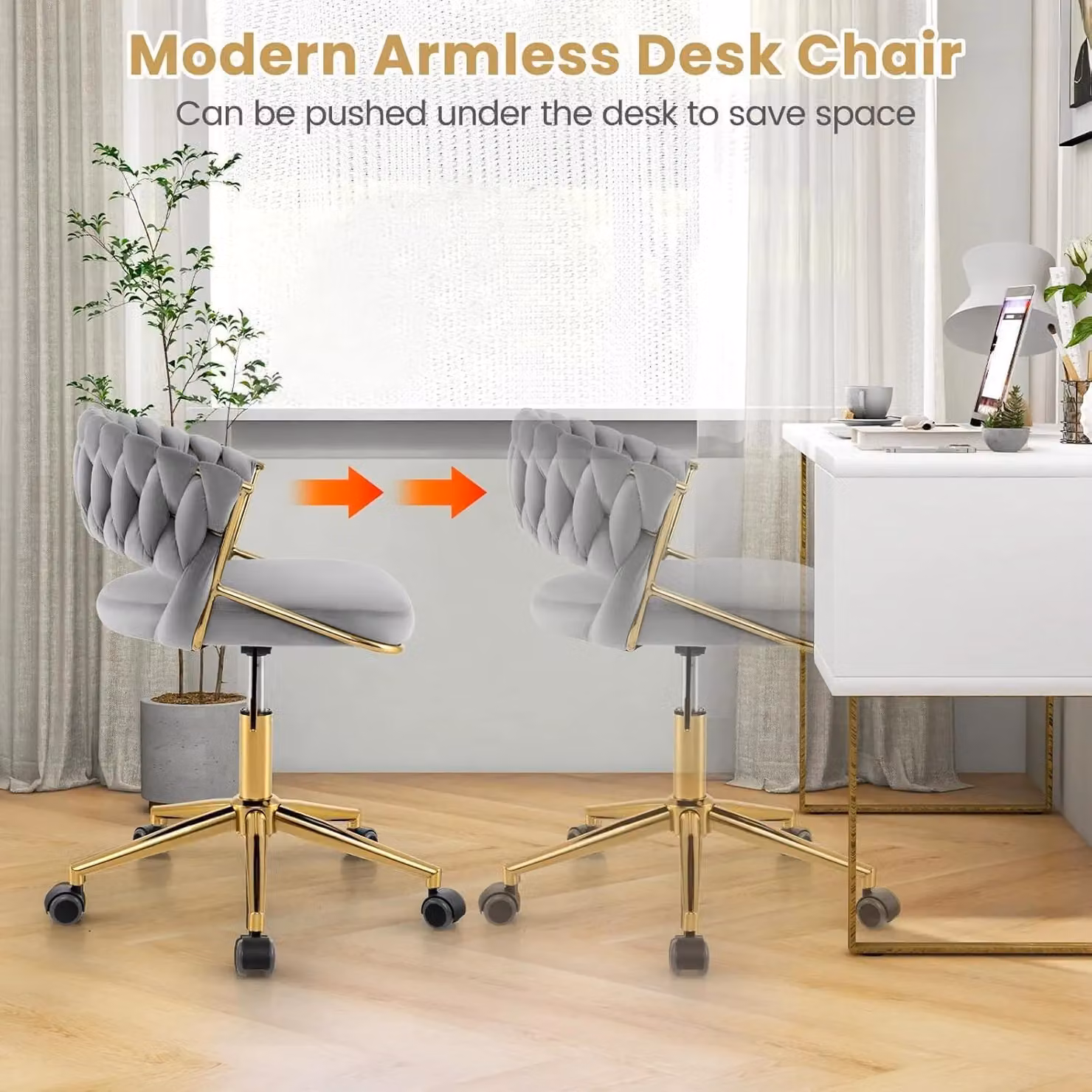 Gymax Hand-woven Grey Modern Vanity Chair with 360 Degree Swivel and Adjustable Height – 3
