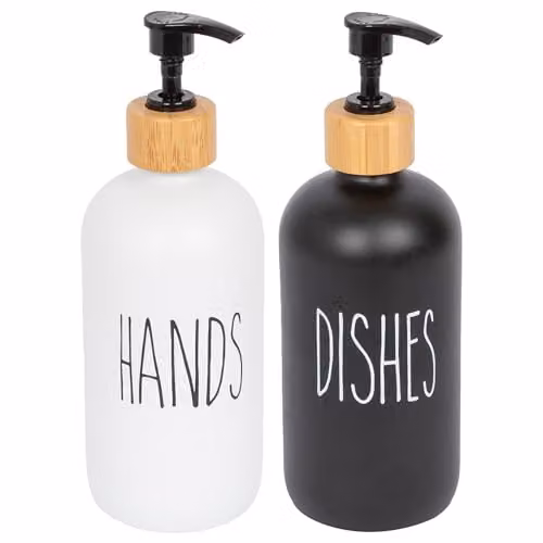 Harbour Housewares 2pc Glass Refillable Soap Dispenser Set with Pump in White and Black, 500ml
