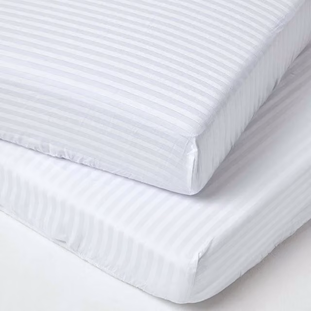 Homescapes 2 Pack White Cotton Percale Striped Cot Bed Fitted Sheets, W/D/H: 70 x 140 x 15 cm