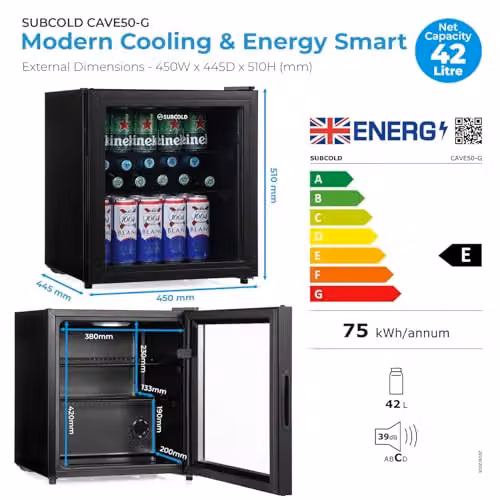 Subcold Cave50 Mini Refrigerator 50L with Glass Door and LED Light in Black – 4