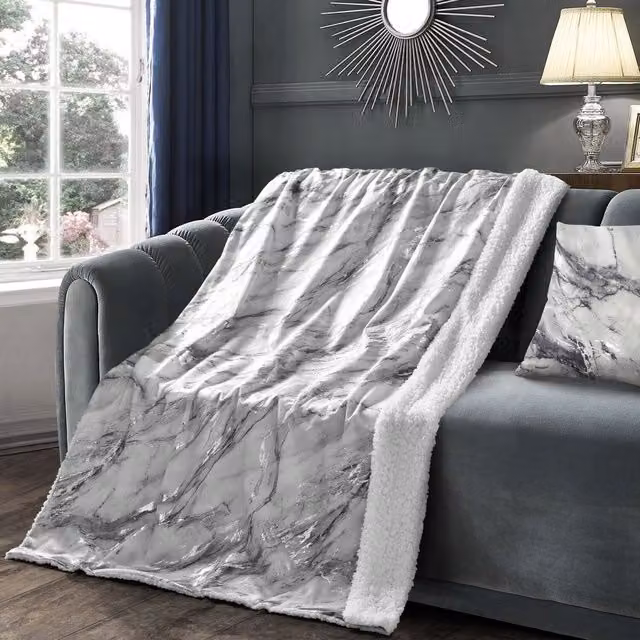 Velosso Grey Marble Print Sherpa Backed Throw Blanket, W: 100 cm, D: 150 cm