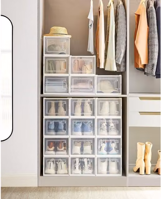 SONGMICS Pack of 18 Stackable and Foldable Storage Organisers in White and Transparent – 1