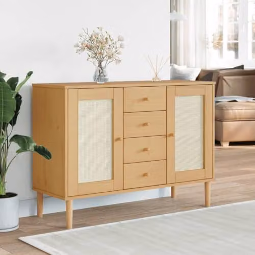 vidaXL SENJA Sideboard in Brown Solid Pine Wood with Rattan Look, W/D/H: 112 x 40 x 80 cm – 2
