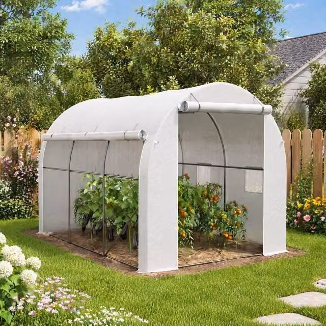 STILVORA Walk-in Greenhouse with Roll-Up Sides, White, W: 296 cm, D: 196 cm, H: 200 cm