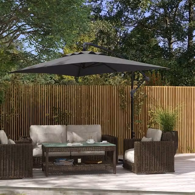 Outsunny 3 m Cantilever Banana Parasol with Crank Handle and 6 Ribs, Grey