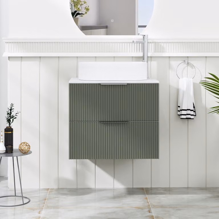 Royal Bathrooms Evora Sage Green Fluted Wall Hung Vanity Unit with Lyon Basin and 2 Drawers