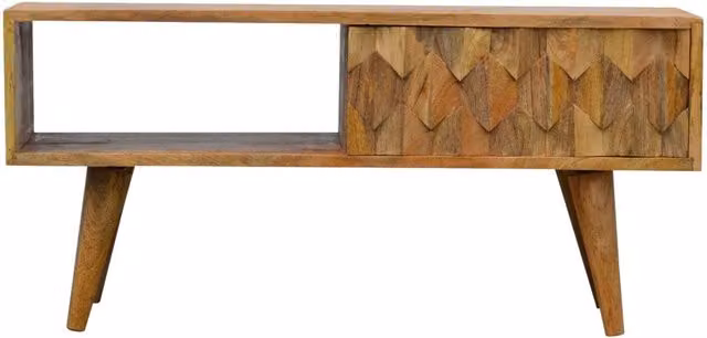 KDMK Orange and Brown Mango Wood Pineapple Carved Media Unit with Sliding Door