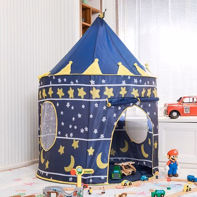 Livingandhome Blue Round Kids Play Tent with Star and Moon Design