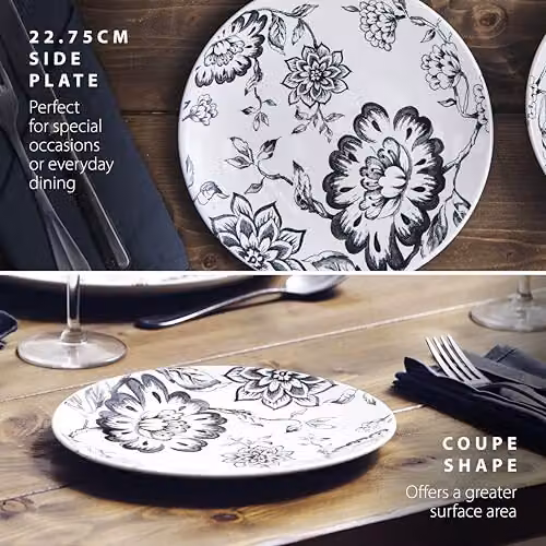Wade Albert Botanical Night Side Plate in Black and White with Floral Design, Diameter: 22.75 cm – 8